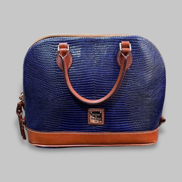 Dooney & Bourke Blue Embossed Leather Satchel Bag with Tan Trim - Picture 1 of 7